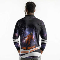 Mae Jemison Long Sleeve Polo Shirt Cartoon Astronaut Portrait, The Sky Is Not the Limit Quote and Galaxy Dreamer - Wonder Print Shop