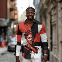 Chimamanda Ngozi Adichie Long Sleeve Button Shirt with Bold Red Portrait, We Should All Be Feminists Quote - Wonder Print Shop