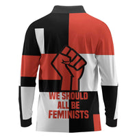 Chimamanda Ngozi Adichie Long Sleeve Polo Shirt with Bold Red Portrait, We Should All Be Feminists Quote - Wonder Print Shop