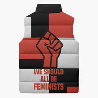 Chimamanda Ngozi Adichie Sleeveless Puffer Jacket with Bold Red Portrait, We Should All Be Feminists Quote - Wonder Print Shop
