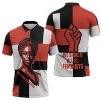 Chimamanda Ngozi Adichie Zipper Polo Shirt with Bold Red Portrait, We Should All Be Feminists Quote - Wonder Print Shop