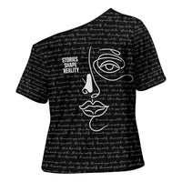Chimamanda Ngozi Adichie Cross Shoulder Shirt with Expressive Speaking Portrait, Stories Shape Reality - Wonder Print Shop