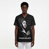 Chimamanda Ngozi Adichie Scrub Top with Expressive Speaking Portrait, Stories Shape Reality - Wonder Print Shop