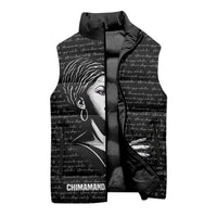 Chimamanda Ngozi Adichie Sleeveless Puffer Jacket with Expressive Speaking Portrait, Stories Shape Reality - Wonder Print Shop