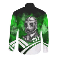 Garrett Morgan Long Sleeve Button Shirt with Gas Mask Invention Illustration, Inventing to Save Lives Quote - Wonder Print Shop