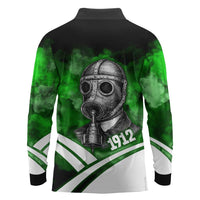 Garrett Morgan Long Sleeve Polo Shirt with Gas Mask Invention Illustration, Inventing to Save Lives Quote - Wonder Print Shop