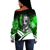 Garrett Morgan Off Shoulder Sweater with Gas Mask Invention Illustration, Inventing to Save Lives Quote - Wonder Print Shop