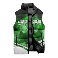 Garrett Morgan Sleeveless Puffer Jacket with Gas Mask Invention Illustration, Inventing to Save Lives Quote - Wonder Print Shop