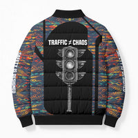 Garrett Morgan Bomber Puffer Jacket with Full Body Portrait, Stop Wait Go Quote, Traffic Light Design - Wonder Print Shop