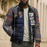 Garrett Morgan Bomber Puffer Jacket with Full Body Portrait, Stop Wait Go Quote, Traffic Light Design - Wonder Print Shop