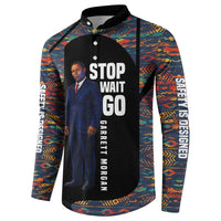 Garrett Morgan Button Sweatshirt with Full Body Portrait, Stop Wait Go Quote, Traffic Light Design