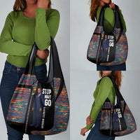 Garrett Morgan Grocery Bag with Full Body Portrait, Stop Wait Go Quote, Traffic Light Design - Wonder Print Shop