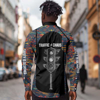 Garrett Morgan Long Sleeve Button Shirt with Full Body Portrait, Stop Wait Go Quote, Traffic Light Design - Wonder Print Shop