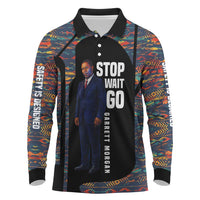 Garrett Morgan Long Sleeve Polo Shirt with Full Body Portrait, Stop Wait Go Quote, Traffic Light Design - Wonder Print Shop
