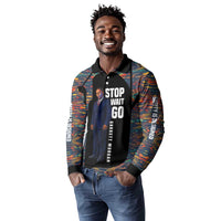 Garrett Morgan Long Sleeve Polo Shirt with Full Body Portrait, Stop Wait Go Quote, Traffic Light Design - Wonder Print Shop