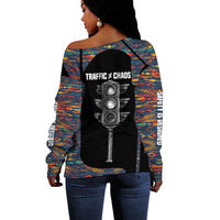 Garrett Morgan Off Shoulder Sweater with Full Body Portrait, Stop Wait Go Quote, Traffic Light Design - Wonder Print Shop