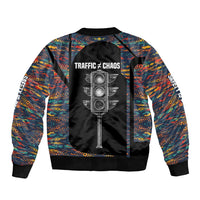 Garrett Morgan Sleeve Zip Bomber Jacket with Full Body Portrait, Stop Wait Go Quote, Traffic Light Design - Wonder Print Shop
