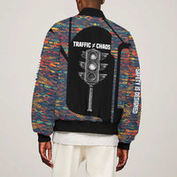 Garrett Morgan Sleeve Zip Bomber Jacket with Full Body Portrait, Stop Wait Go Quote, Traffic Light Design - Wonder Print Shop