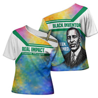 Garrett Morgan Cross Shoulder Shirt with Real Impact Quote, Black Inventor Portrait and Vibrant Watercolor - Wonder Print Shop