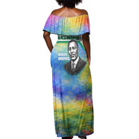 Garrett Morgan Off Shoulder Maxi Dress with Real Impact Quote, Black Inventor Portrait and Vibrant Watercolor - Wonder Print Shop