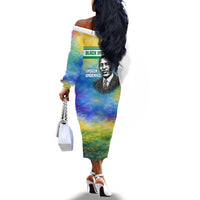 Garrett Morgan Off The Shoulder Long Sleeve Dress with Real Impact Quote, Black Inventor Portrait and Vibrant Watercolor - Wonder Print Shop