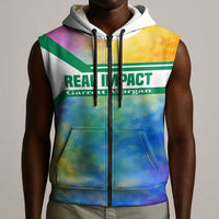Garrett Morgan Sleeveless Zip Hoodie with Real Impact Quote, Black Inventor Portrait and Vibrant Watercolor - Wonder Print Shop