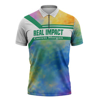 Garrett Morgan Zipper Polo Shirt with Real Impact Quote, Black Inventor Portrait and Vibrant Watercolor - Wonder Print Shop