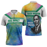 Garrett Morgan Zipper Polo Shirt with Real Impact Quote, Black Inventor Portrait and Vibrant Watercolor - Wonder Print Shop