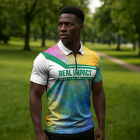 Garrett Morgan Zipper Polo Shirt with Real Impact Quote, Black Inventor Portrait and Vibrant Watercolor - Wonder Print Shop