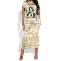 Toni Morrison Short Sleeve Bodycon Dress Handwritten Manuscript Powerful Portrait with Feather Pen Quote - Wonder Print Shop