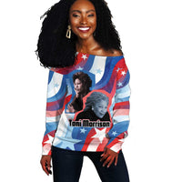 Toni Morrison Off Shoulder Sweater Abstract Wings Design Empowering Quote Dual Portrait Celebration of Literary Freedom - Wonder Print Shop
