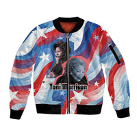 Toni Morrison Sleeve Zip Bomber Jacket Abstract Wings Design Empowering Quote Dual Portrait Celebration of Literary Freedom - Wonder Print Shop