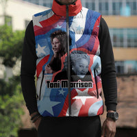 Toni Morrison Sleeveless Puffer Jacket Abstract Wings Design Empowering Quote Dual Portrait Celebration of Literary Freedom - Wonder Print Shop