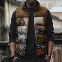 Toni Morrison Sleeveless Puffer Jacket Floral Themed Design Featuring The Bluest Eye Cover Art Thought-Provoking Quote - Wonder Print Shop