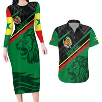 Custom Senegal Couples Matching Long Sleeve Bodycon Dress and Hawaiian Shirt Lion Graphic, National Flag, Fiery Soccer Ball - Bold African Pride Design - Wonder Print Shop