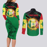 Custom Senegal Couples Matching Long Sleeve Bodycon Dress and Long Sleeve Button Shirt Lion Graphic, National Flag, Fiery Soccer Ball - Bold African Pride Design - Wonder Print Shop
