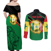 Custom Senegal Couples Matching Off Shoulder Maxi Dress and Long Sleeve Button Shirt Lion Graphic, National Flag, Fiery Soccer Ball - Bold African Pride Design - Wonder Print Shop