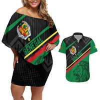Custom Senegal Couples Matching Off Shoulder Short Dress and Hawaiian Shirt Lion Graphic, National Flag, Fiery Soccer Ball - Bold African Pride Design - Wonder Print Shop