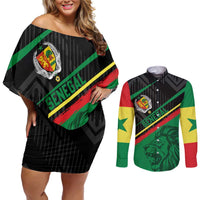 Custom Senegal Couples Matching Off Shoulder Short Dress and Long Sleeve Button Shirt Lion Graphic, National Flag, Fiery Soccer Ball - Bold African Pride Design - Wonder Print Shop