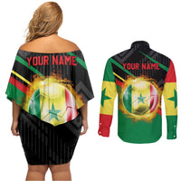 Custom Senegal Couples Matching Off Shoulder Short Dress and Long Sleeve Button Shirt Lion Graphic, National Flag, Fiery Soccer Ball - Bold African Pride Design - Wonder Print Shop