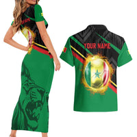 Custom Senegal Couples Matching Short Sleeve Bodycon Dress and Hawaiian Shirt Lion Graphic, National Flag, Fiery Soccer Ball - Bold African Pride Design - Wonder Print Shop