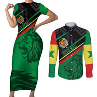 Custom Senegal Couples Matching Short Sleeve Bodycon Dress and Long Sleeve Button Shirt Lion Graphic, National Flag, Fiery Soccer Ball - Bold African Pride Design - Wonder Print Shop