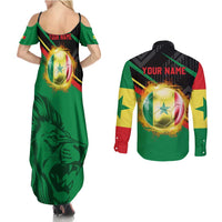 Custom Senegal Couples Matching Summer Maxi Dress and Long Sleeve Button Shirt Lion Graphic, National Flag, Fiery Soccer Ball - Bold African Pride Design - Wonder Print Shop