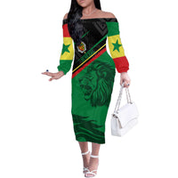 Custom Senegal Family Matching Off The Shoulder Long Sleeve Dress and Hawaiian Shirt Lion Graphic, National Flag, Fiery Soccer Ball - Bold African Pride Design - Wonder Print Shop
