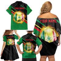 Custom Senegal Family Matching Off Shoulder Short Dress and Hawaiian Shirt Lion Graphic, National Flag, Fiery Soccer Ball - Bold African Pride Design - Wonder Print Shop