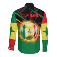 Custom Senegal Long Sleeve Button Shirt Lion Graphic, National Flag, Fiery Soccer Ball - Bold African Pride Design - Wonder Print Shop