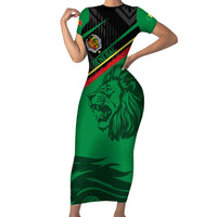 Custom Senegal Short Sleeve Bodycon Dress Lion Graphic, National Flag, Fiery Soccer Ball - Bold African Pride Design - Wonder Print Shop
