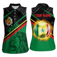 Custom Senegal Women Sleeveless Polo Shirt Lion Graphic, National Flag, Fiery Soccer Ball - Bold African Pride Design - Wonder Print Shop