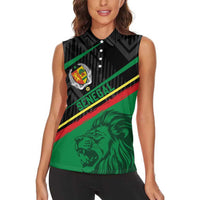 Custom Senegal Women Sleeveless Polo Shirt Lion Graphic, National Flag, Fiery Soccer Ball - Bold African Pride Design - Wonder Print Shop