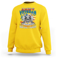 Daisy yellow crewneck sweatshirt with front veteran graphic and skull, long sleeves